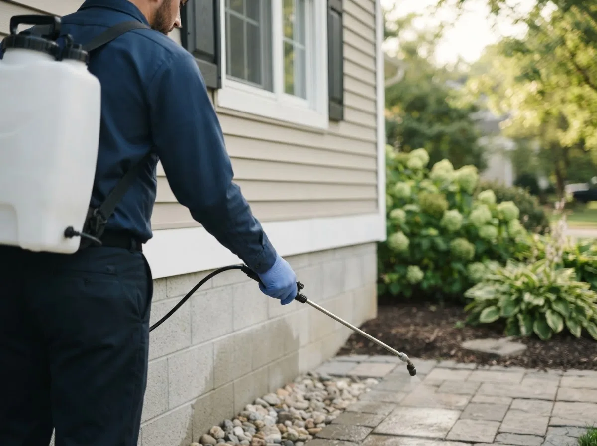 Pest control technician inspecting a home in Albion, NE